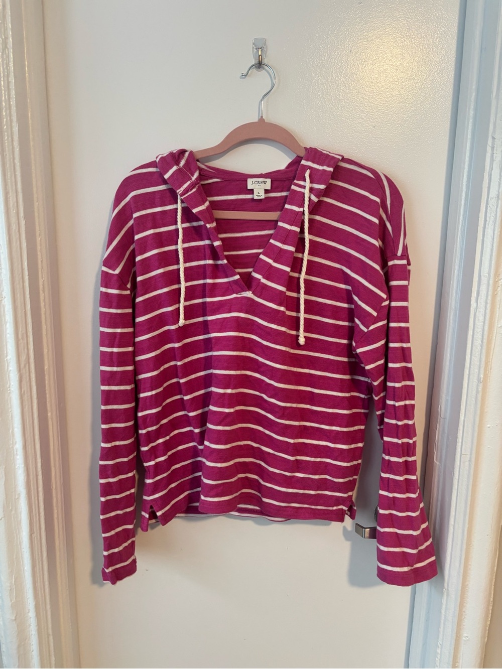 J. Crew Factory Magenta and White Striped Hooded Long-Sleeve